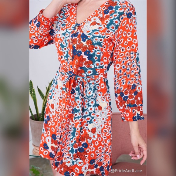 ORANGE FLORAL PRINT THROUGHOUT BUTTON DOWN MID FRONT TIE WAIST 3/4 SLEEVE DRESS - Picture 6 of 6